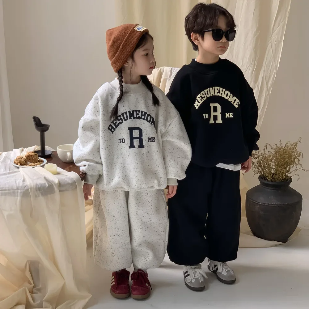 

Winter sibling clothes set Letters printed warm outfit Boys and girls thicken Fleece lining Hoodies And Pants 2Pcs suit