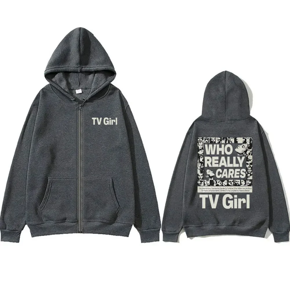 New Tv Girl Men Women Vintage Oversized Zip Up Hoodies Who Really Cares Graphic Zipper Hoodie Unisex Casual Fleece Zip Up Jacket