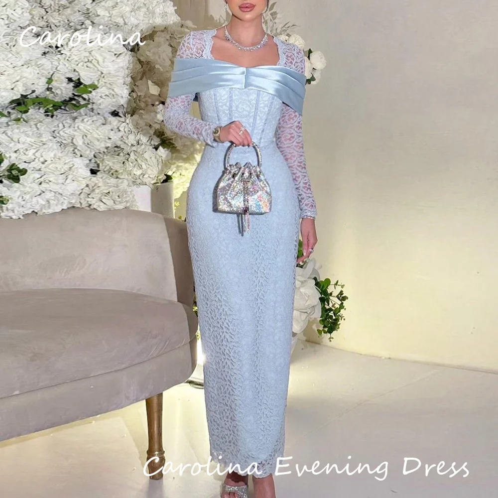 

Carolina Lace Square Neckline Mermaid Pleats Ankle Length Luxury Prom Gown Evening Formal Elegant Party Dress for Women 2024