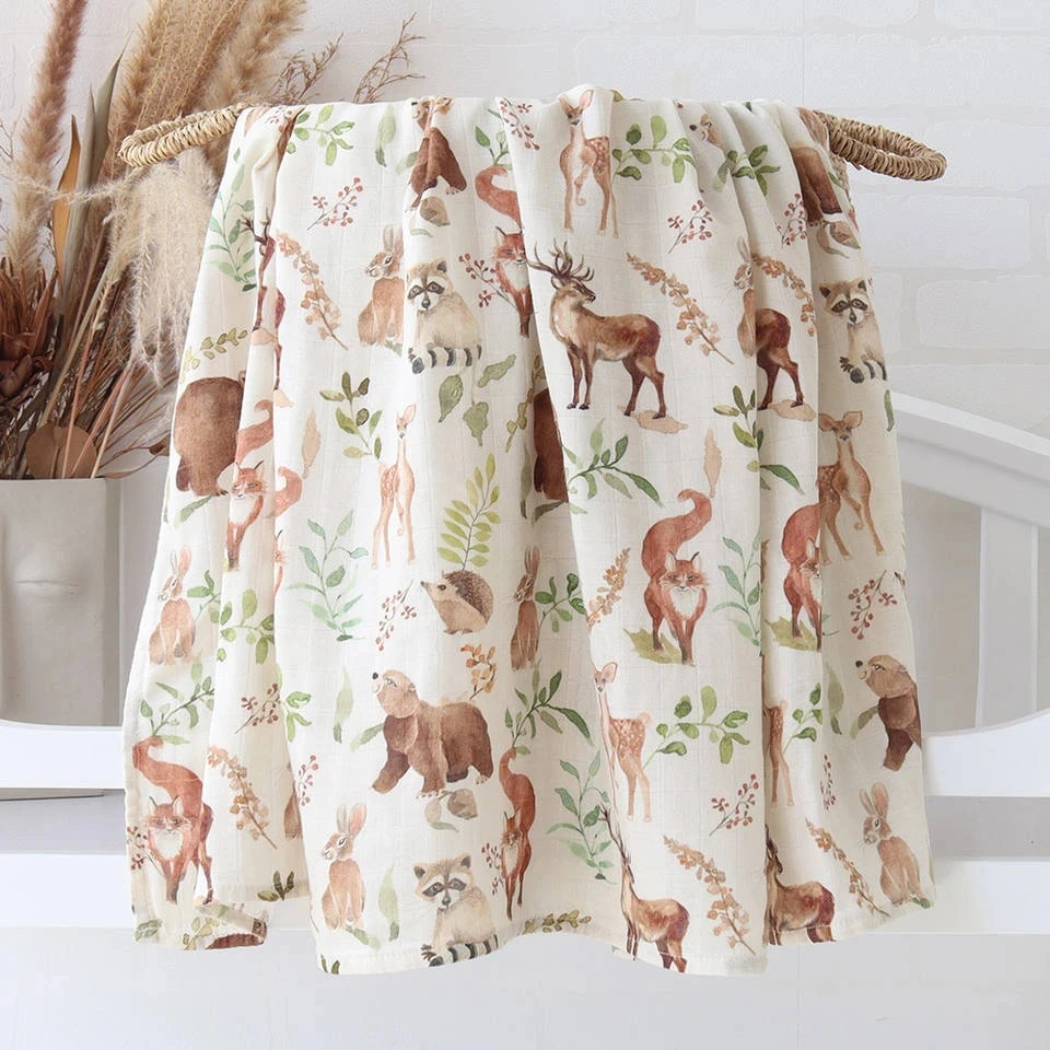 Eucalyptus Printed Organic Bamboo Cotton Muslin Baby Swaddle Blanket