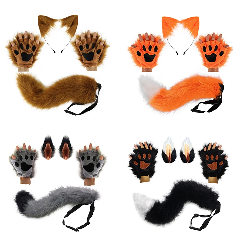 Anime Cosplay Accessories Fox Ears Plush Tail Paw Set Props