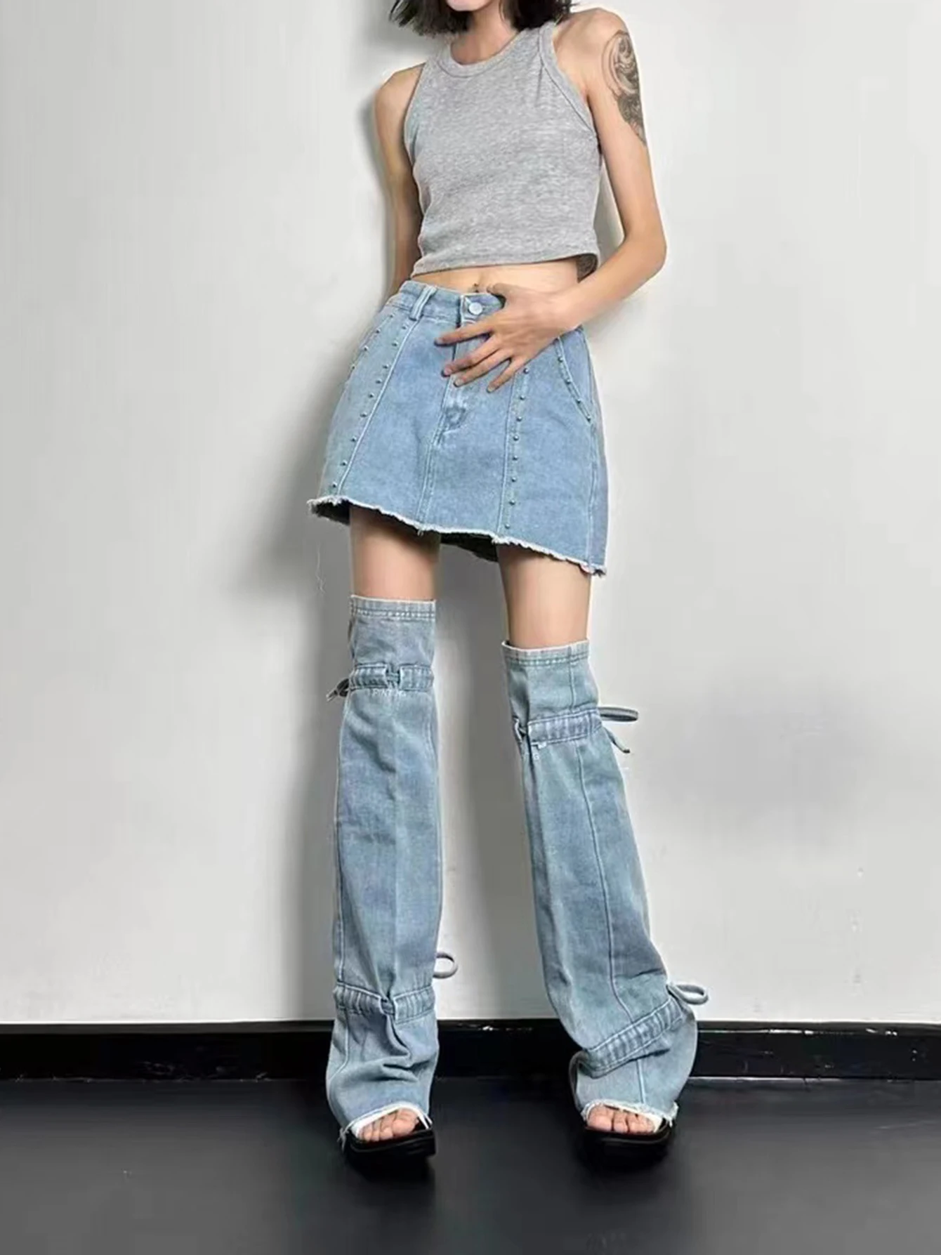 ReddaChic 밴디지 보타이 데님 레그 워머, 여성용 각반, 블루 플레인 허벅지 길이 양말 부츠 커버, Y2k Acubi 패션, 여름 신상