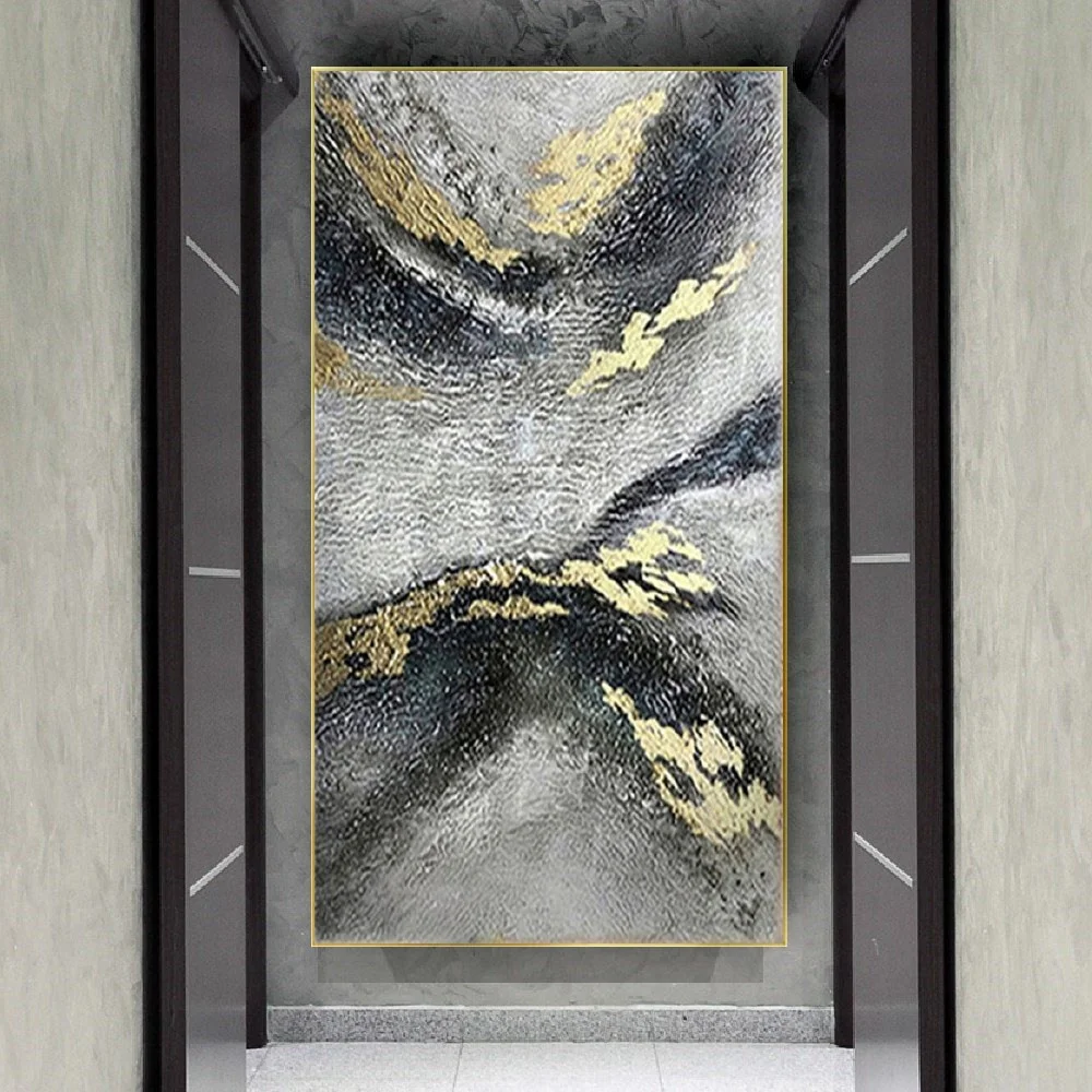 

Exhibits Black White Gold Line Abstract Oil Painting Real Hand Textured Canvas Poster Modern Wall Art Picture Decor Living Room