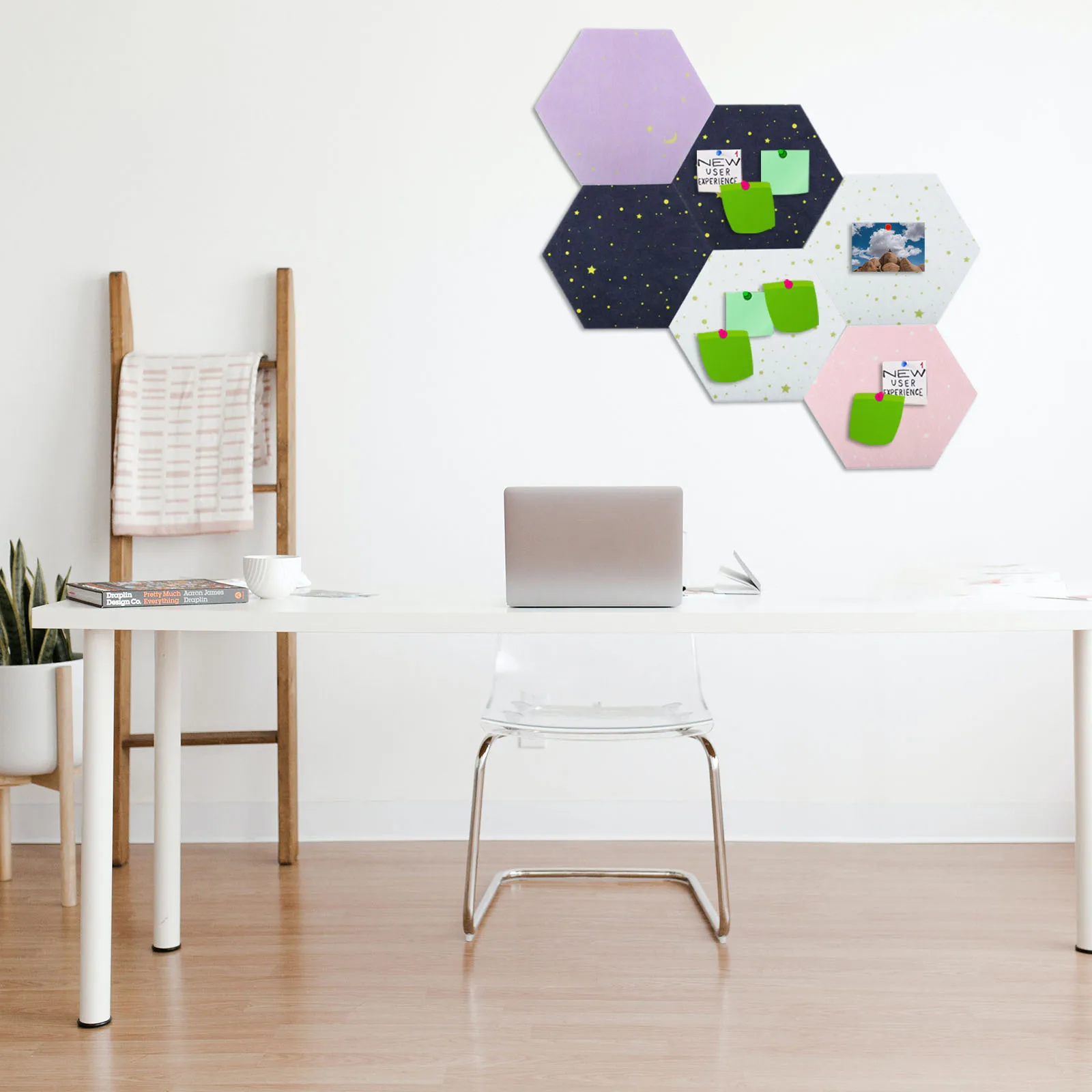 5PCS Felt Hexagon Bulletin Board With 40 Push Pins, Pack Of 8 Notice Boards For Home Office Kitchen, Push Pin Board Felt Wall Tiles For Photos Memos
