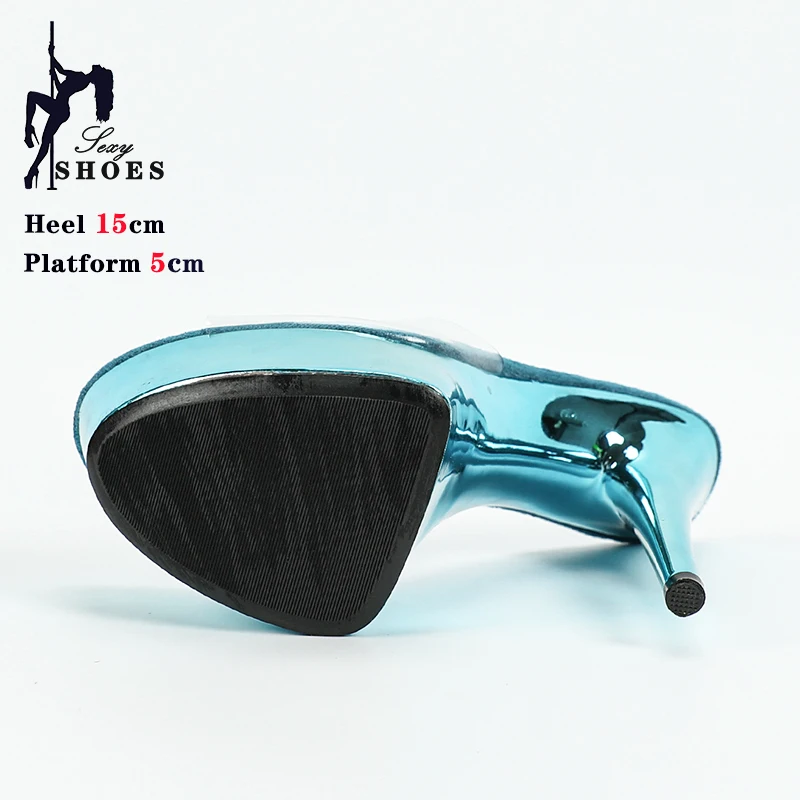 Blue Shine Plating 15cm 6inchs Summer Women Slippers Platform Sandals Sexy Exotic Model Pole Dancing Shoes Strip Party Heels