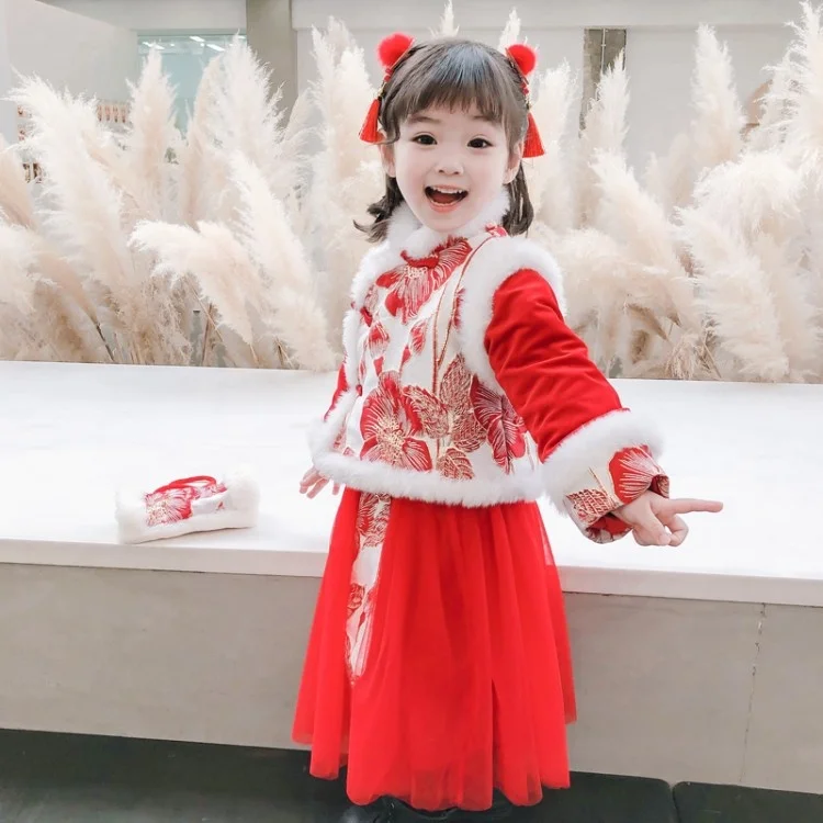 New Year Girl Clothing Dress Princess Dress Lolita Skirt Set Chinese Style Thickened Suit Children's Tang Clothes Winter Clothes