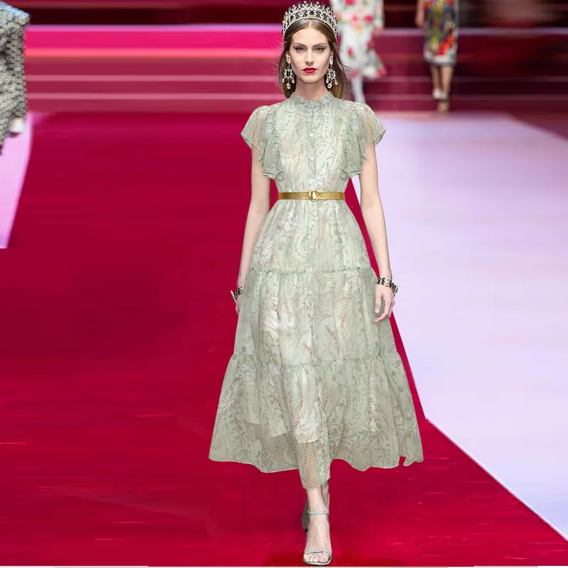 

Runway Designer Elegant Green Floral Printed Long Dresses for Women 2023 Summer Vintage Ruffles Pleated Maxi Dress Chiffon