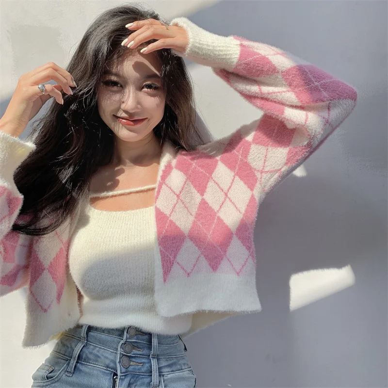 Lingge 프린트 부드럽고 따뜻한 2 피스 가디건, 탱크 2023 포함, 빈티지 V넥 핑크 스웨터 코트, 한국 가디건, 가을 겨울