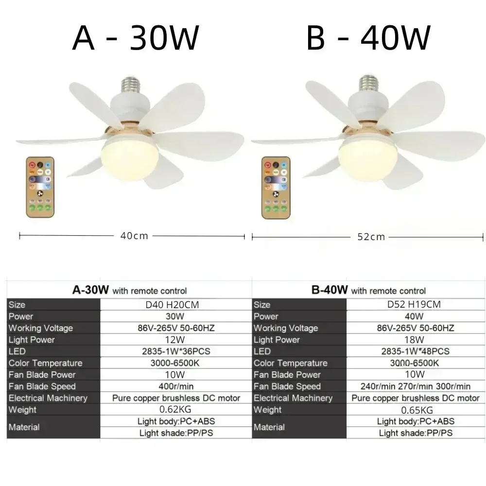 40W/30W LED Ceiling Fan with Remote-E27 Bulb Base Memory Function 85-265V Wide Voltage for Bedroom/Kitchen/Office