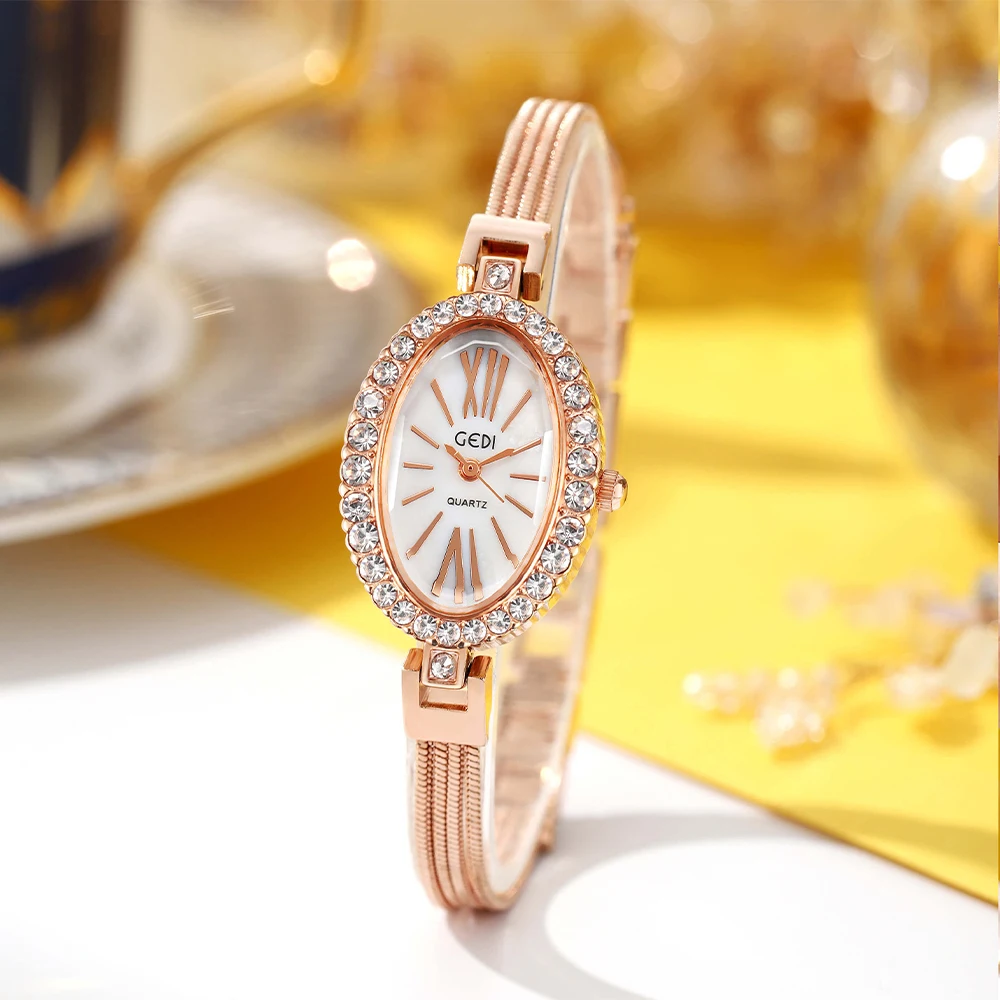 Luxury Oval Shaped Ladies Bangle Watches Alloy Rope Bracelet Diamond 30M Water Resistance Fashion Women Quartz Wristwatch Clock