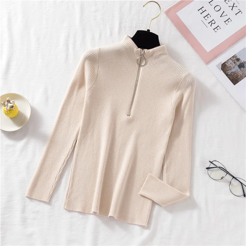 

2023 Autumn/Winter New Zipper Half High Neck Slim Fit Top Versatile Pullover Long Sleeve Knitted Underlay Sweater for Women