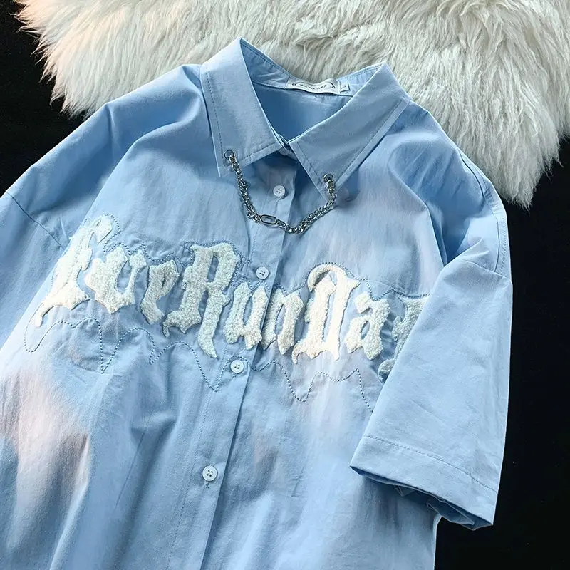 

Korean short-sleeved shirt men summer new high street loose towel embroidered shirt high-end handsome thin fashion niche y2k top