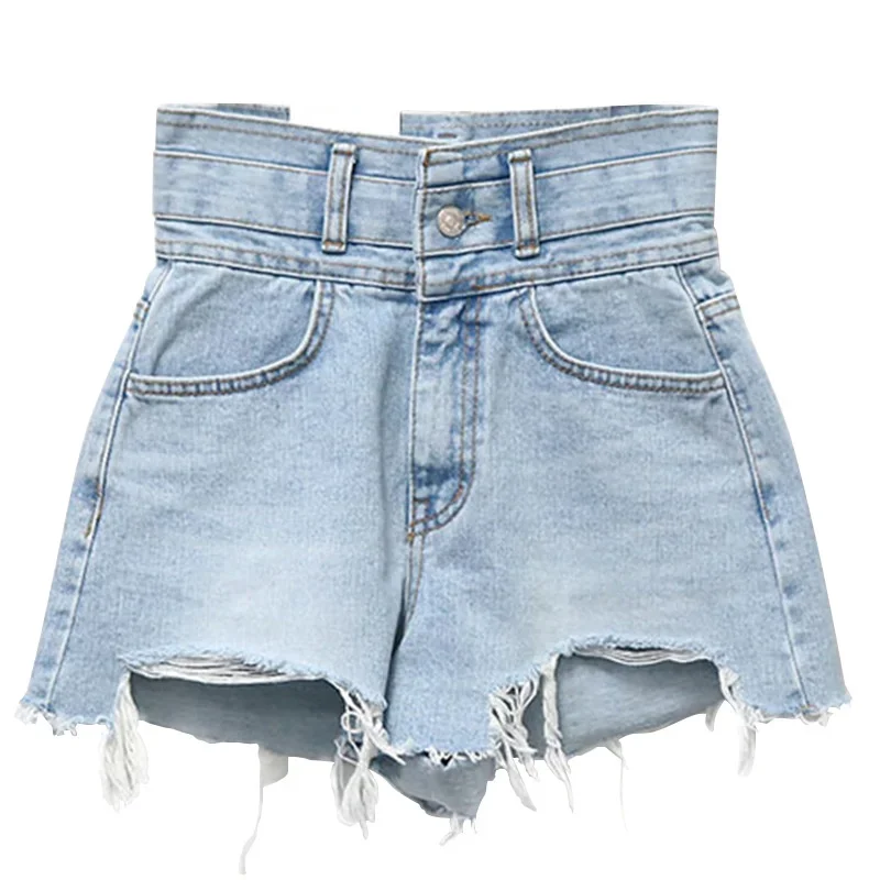 Women's Slim High Waist Sexy Hole Burrs Mini Denim Shorts 2024 Korean Summer Solid Color Tassel Shorts Female Casual Streetwear