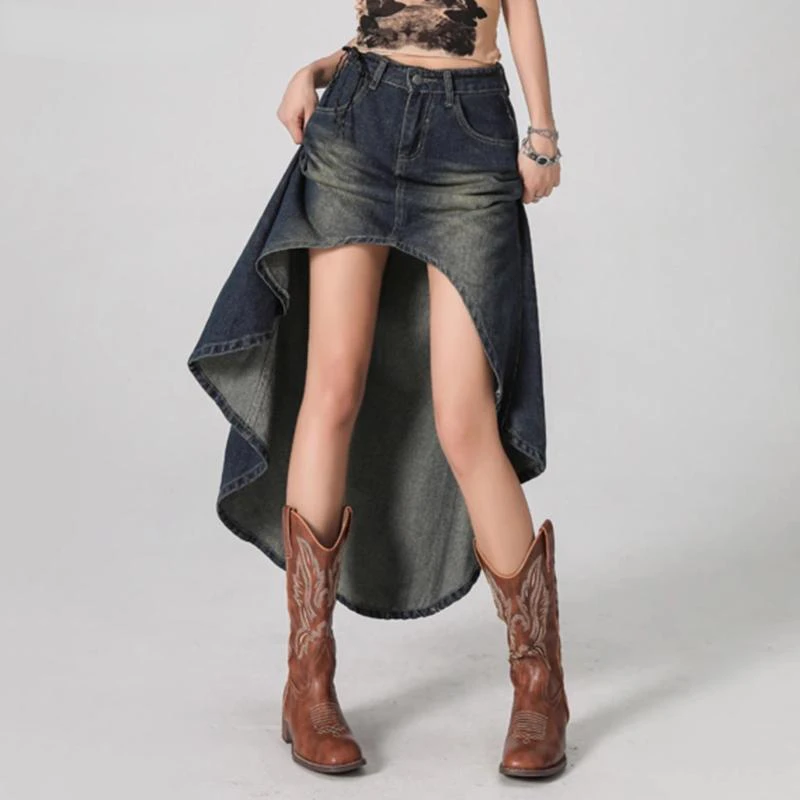 

Женская джинсовая юбка с завышенной талией, голубая Свободная юбка средней длины в винтажном стиле Y2k, модель 2024 на лето