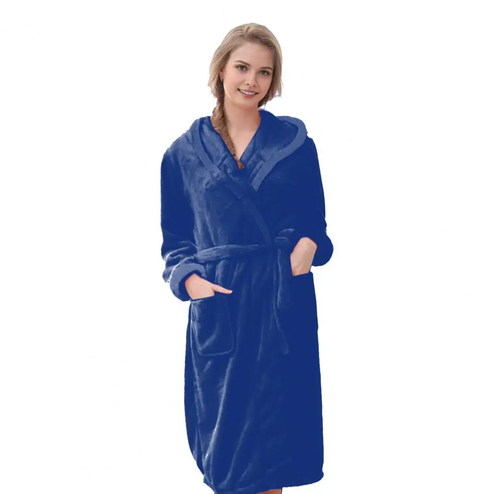 Lightweight Fluffy Bathrobe Cozy Fleece Winter Nightgown with Adjustable Waistband Hooded Pockets for Couples Warm for Hotel