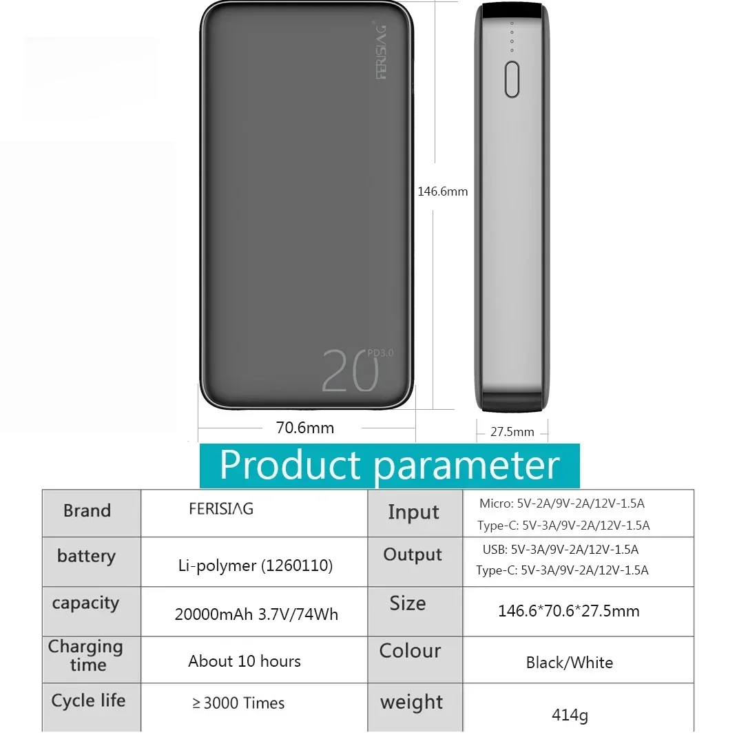 FERISING Power Bank 20000mAh Portable External Battery Charger QC PD 3.0 Poverbank for Xiaomi 20000 mah VOOC PowerBank 5