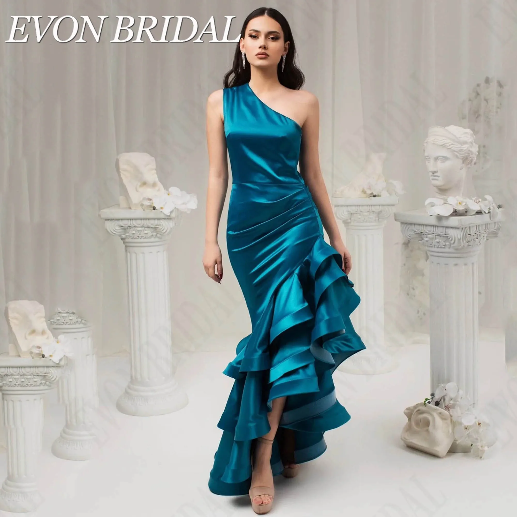

EVON BRIDAL Elegant Mermaid Ruffles Evening Dresses One Shoulder Satin Special Events Dress Sleeveless فساتين سهرة شارون سعيد