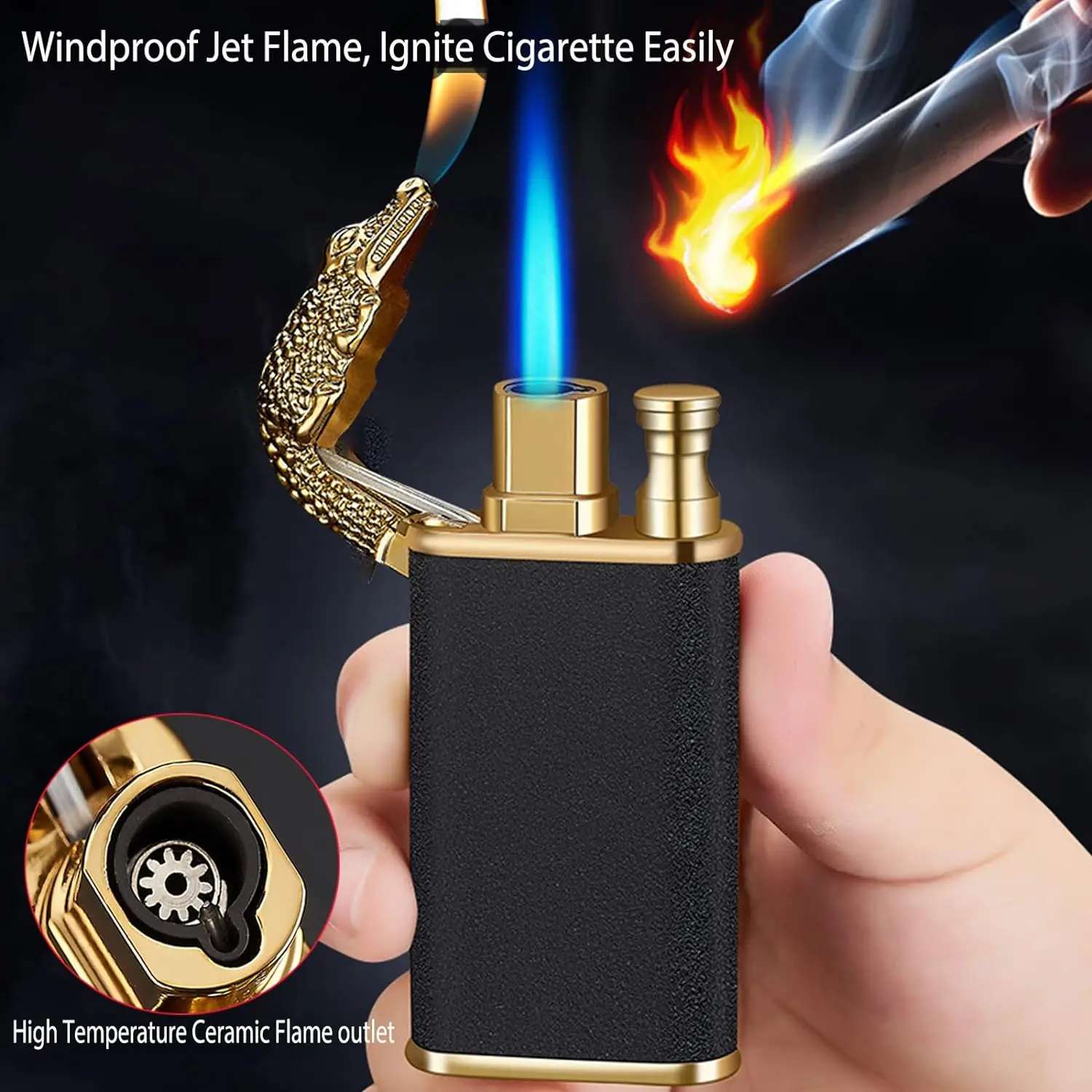 Cool Magic Crocodile Dual Flame Torch Lighter Windproof Jet Torch Lighter Refillable Butane for Outdoor Indoor(Without Butane) butane gas lighter cigarette lighter
