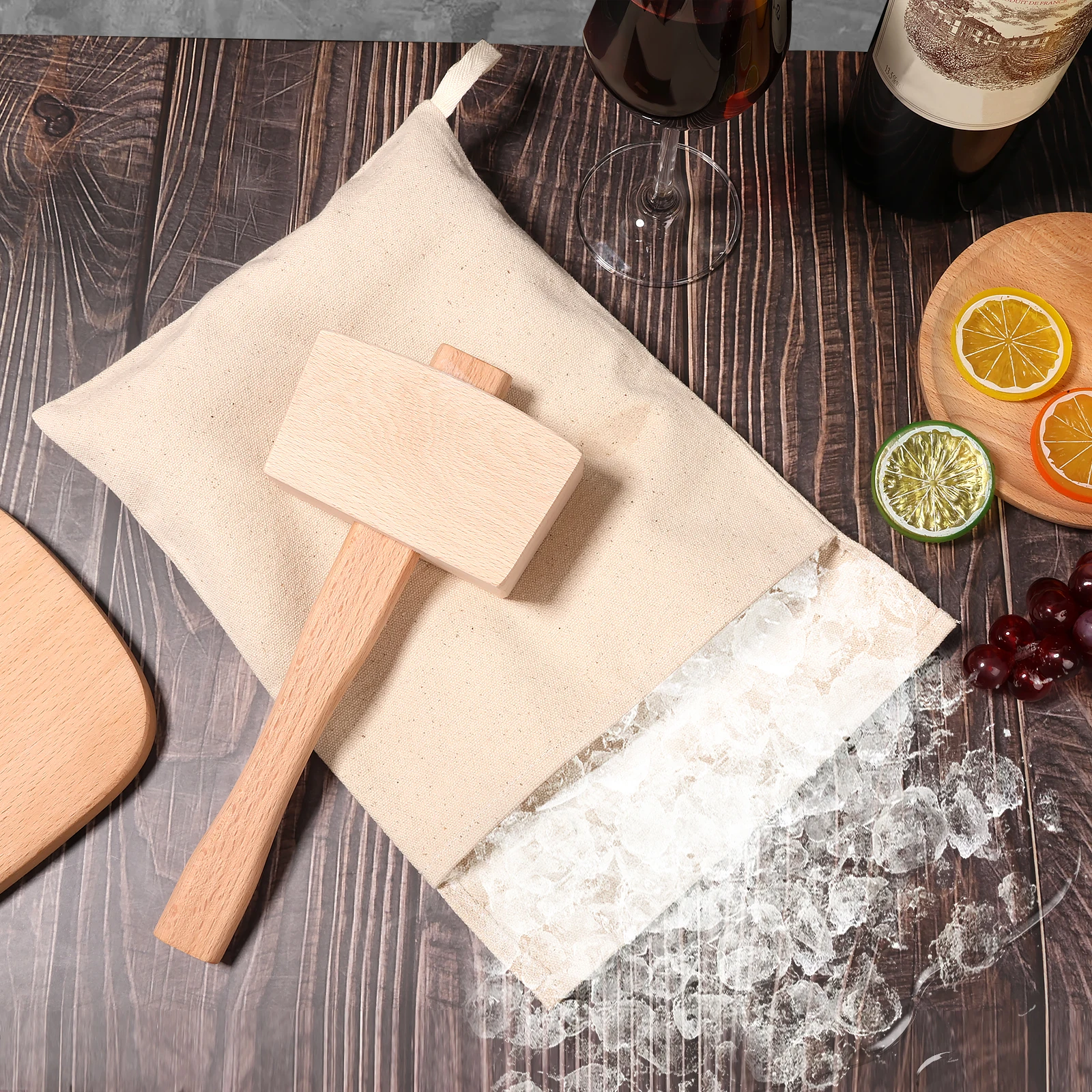 Cotton Crushed Ice Bag and Wooden Ice Mallet Set Manual Reusable Bag Crusher Bartender Tool Kit Household Bar Tool Accessory