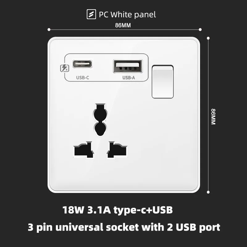 1gang 3Pin USB C 18W,110-250V