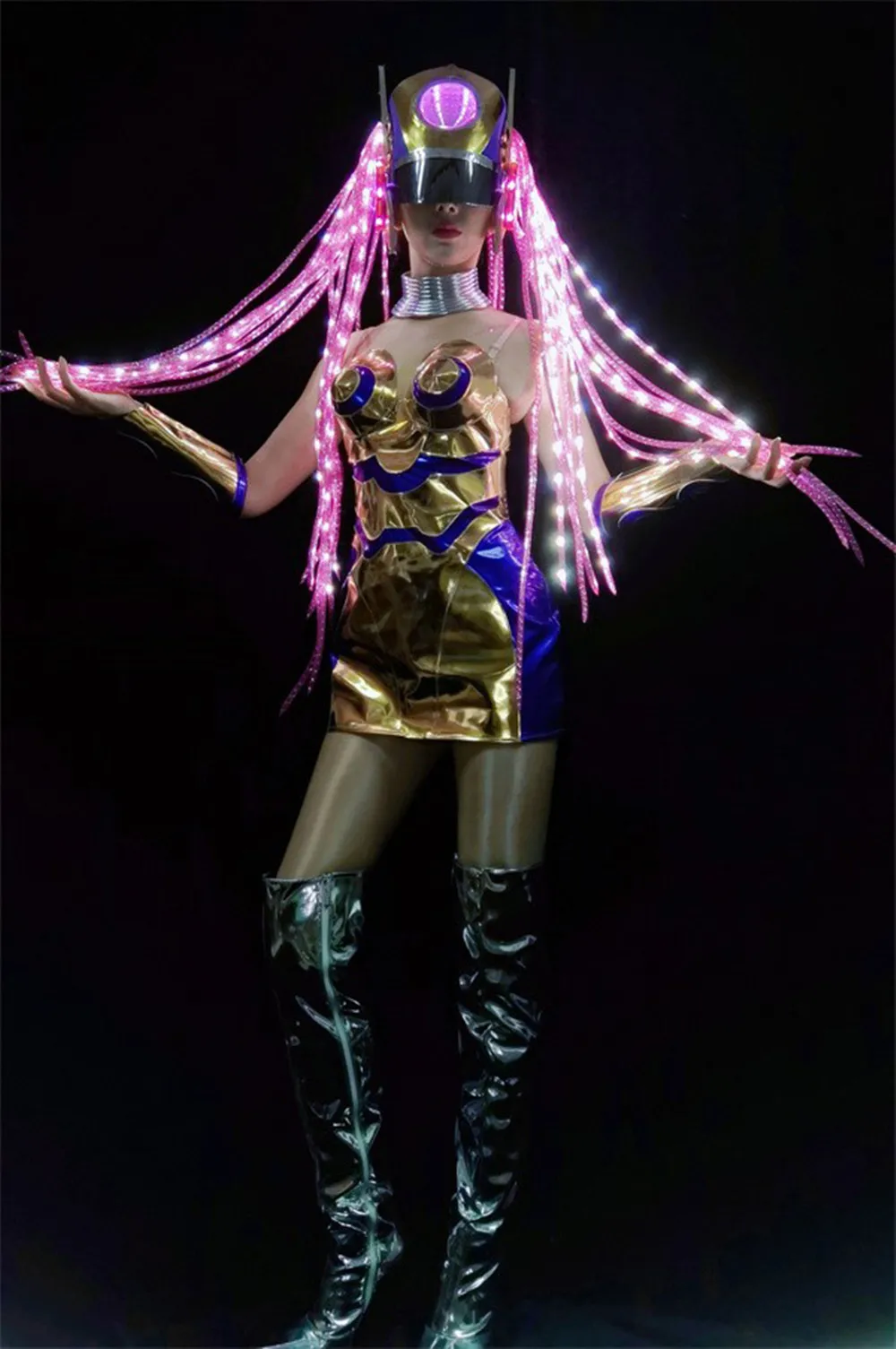 

Technology Sense LED Headwear Punk Gold Off-Shoulder Dress Nightclub Gogo Dance Clothing Drag Queen Costume Rave Outfit