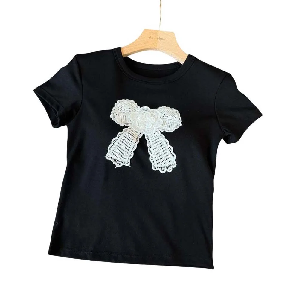 Ins Sweet Cotton Korean Bow T-shirts With Chest Pads Embroidered Y2K Crop Tops Undershirt Spicy Girl Short Shoulder Tops Women