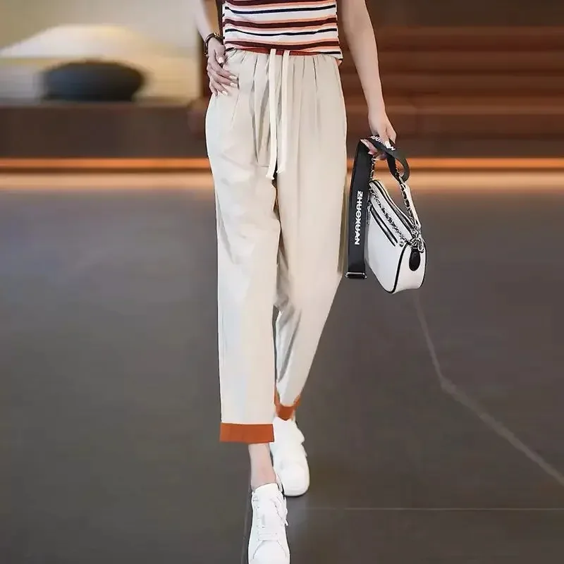 Summer 2023 New Ice Silk Trousers Casual Loose Drawstring Smoke Pipe Straight Tube Elasticity Waist Fashion Womens Pants