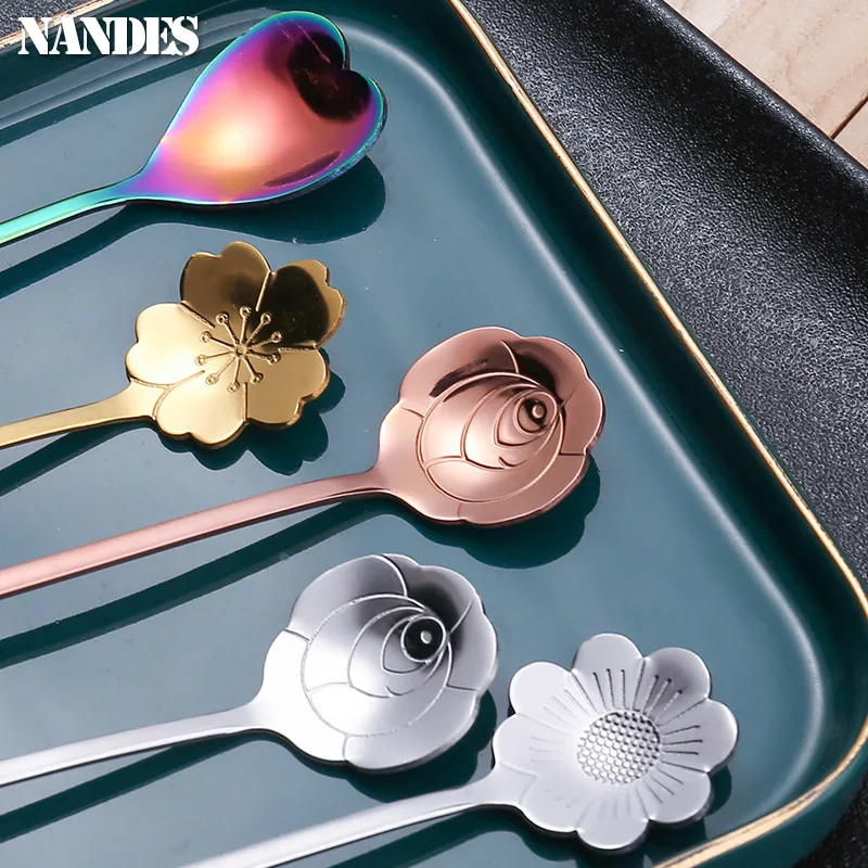 Small Flower Teaspoon Stainless Cherry Rose Flower Coffee Spoon Gifts Kitchen Dessert Accessories Tableware Decoration Set 8Pcs