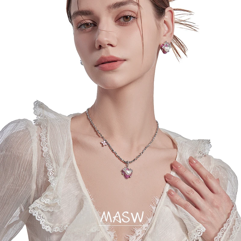 MASW Original Design Fashion Jewelry Spring Summer Style Lovely Pink Strawberry Pendant Necklce For Women Girl Party Gift