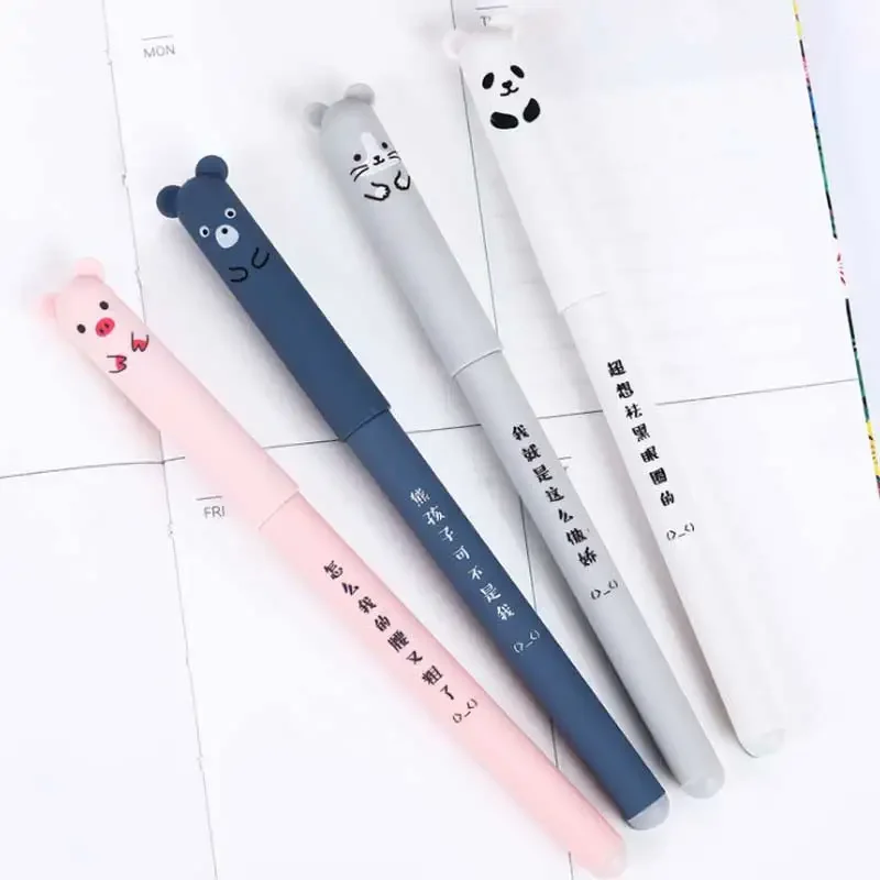 Erasable pen refills 4+20 Pcs/Set Kawaii Pig Bear Cat Erasable Gel Pen Refills Rods 0.35mm Blue Black Ink Washable Handle School Office Supplies Gift