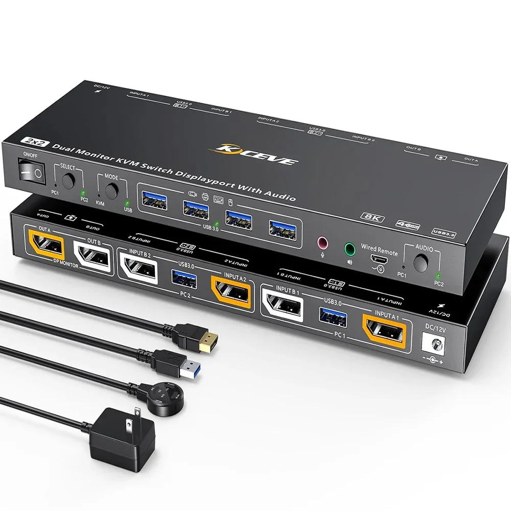 

DP 1.4 KVM Switch 8K@30Hz 4K@144Hz Voice Controlled Dual Monitor KVM Switch 2 Monitors 2 Computers 4 USB3.0 for KVM and USB Mode