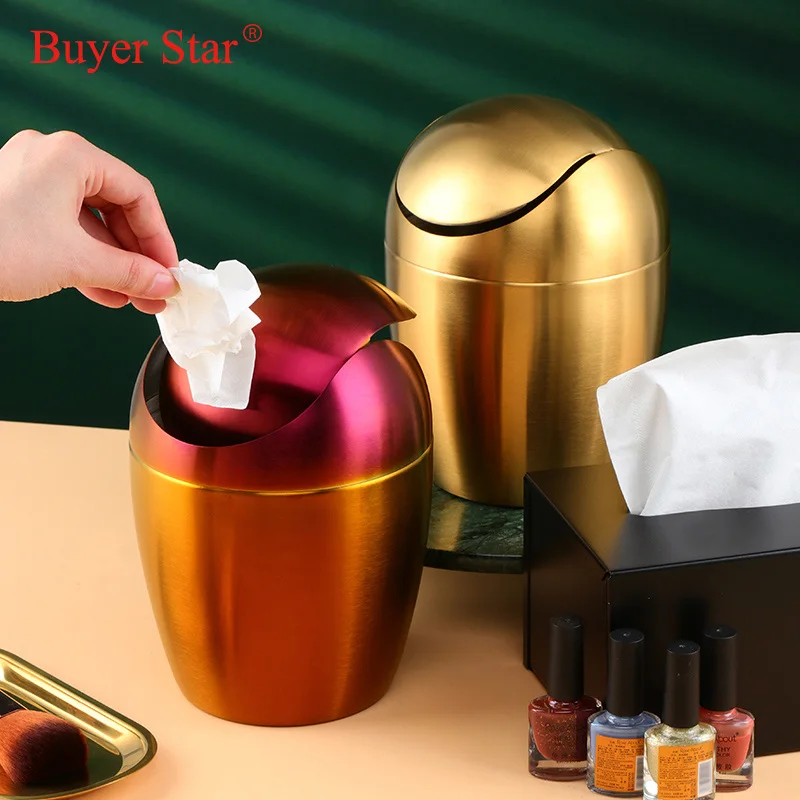 Desktop Waste Bin Gold Mini Metal Waste Bin Desktop Garbage Basket Egg-shaped stainless steel trash can with removable Swing lid Dustbin Basket