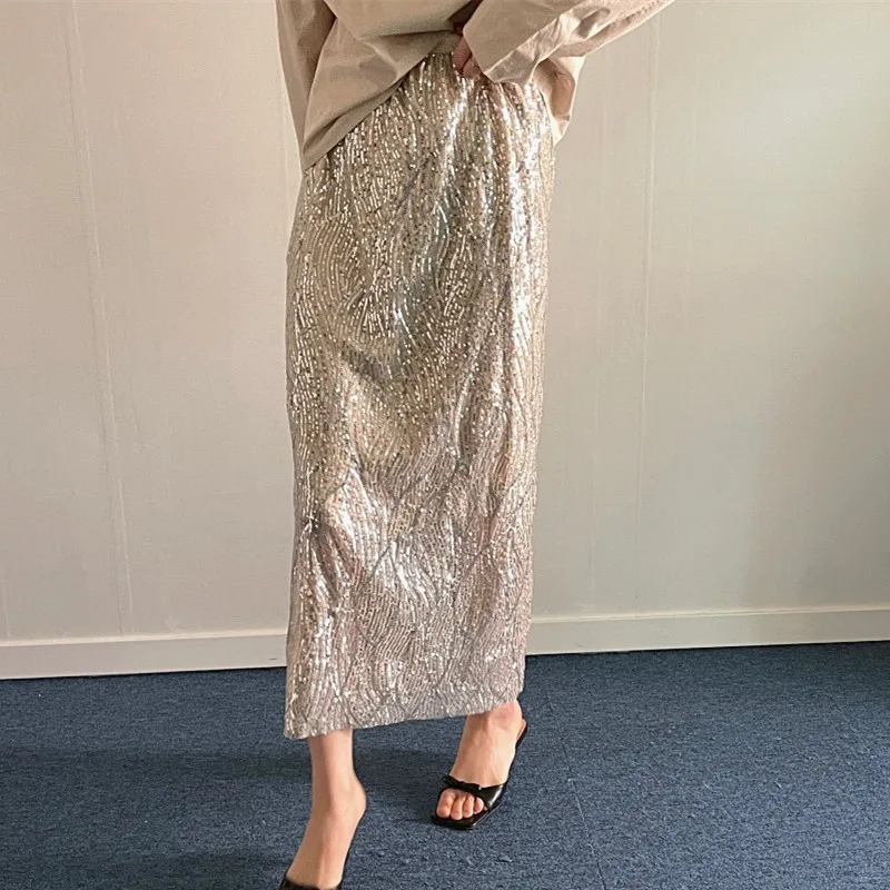 

New 2023 Korea Exquisite Premium Fine Sequins Bling Bling Side Split Skirt
