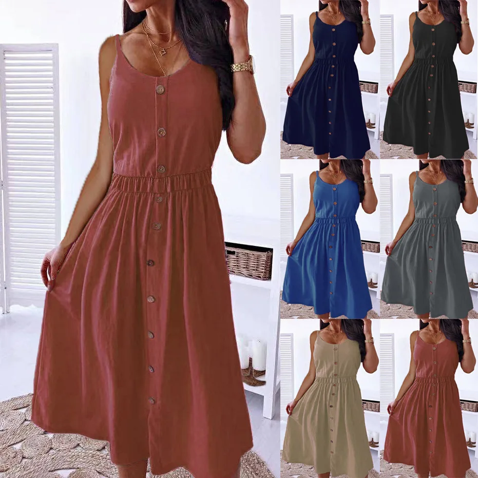 

Women's Dress 2023 Spring and Summer New Solid Color Fashion Casual Dress Sexy Button Sling Dress Vestidos Female Dress