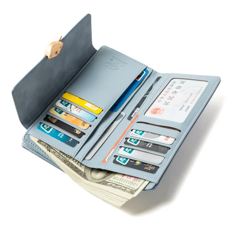 Women's Long Wallet Vintage Matte Metal Leaf Buckle Clutch Foldable Ladies Leather Purse