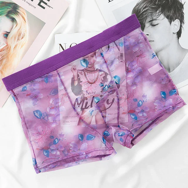 Men Boxershorts Ultra-thin Transparent Sexy Seamless Underwear Pants Mens Male Mid-rise Waist See Through Net Yarn Boxer Shorts