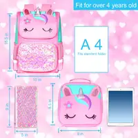 3PCS Backpack for Girls and Boys 15" Kids Sequin Bookbag with Lunch Box Unicorn Dinosaur Cat Pink Purple Blue Green School Bag 3