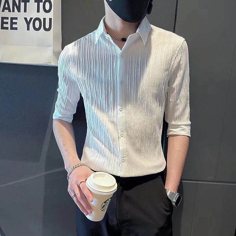 Summer Ice Silk Thin Short Sleeve Men Shirt Fashion Slim Fit Striped All-match Teenagers Oversized Clothes Top Black White Green