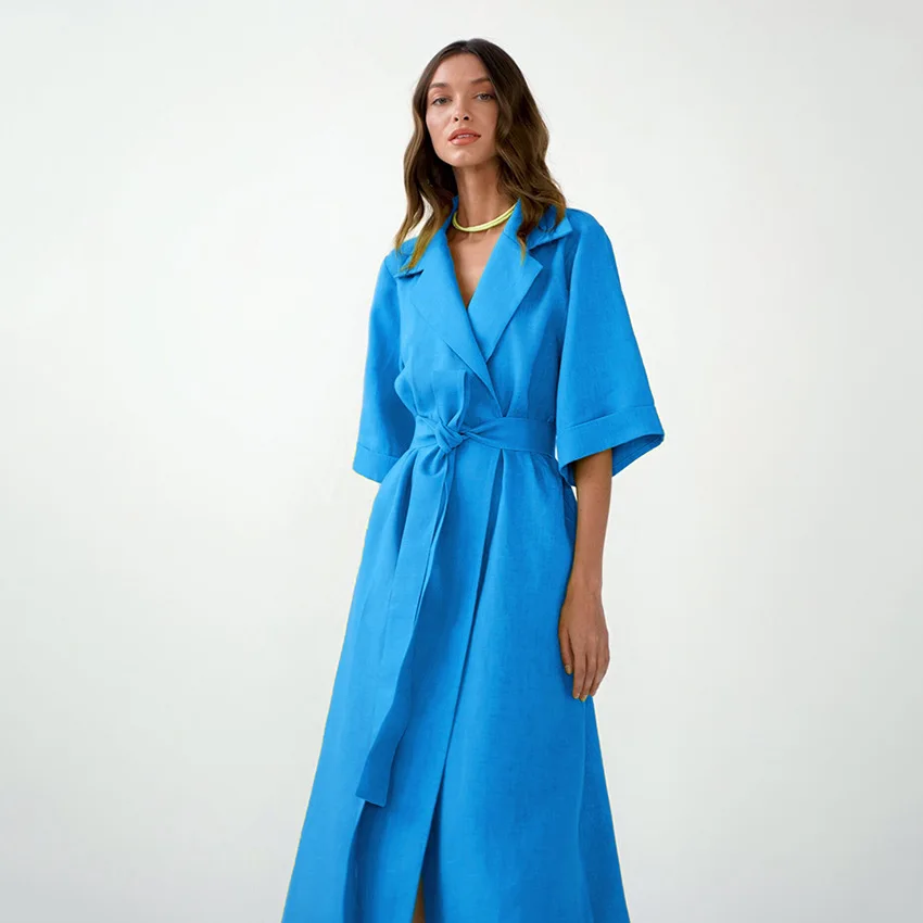 100 Cotton Summer Woman Dresses Linen Long Wrap Belt Lace Up Notched
