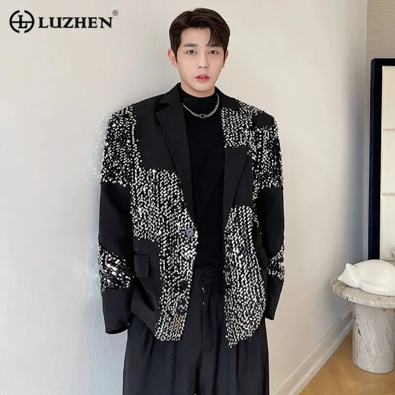 

LUZHEN Design 2024 Sequin New Korean Splicing Fashion Niche Casual Blazer Coat High Quality Elegant Gentleman Male Jacket D55a6c