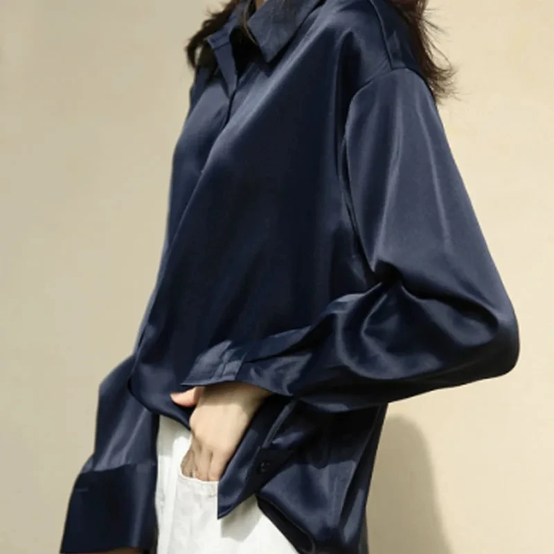 Silk Button Up Shirt for Women Office Lady