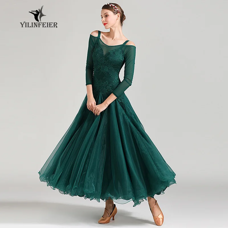 Ladies Latin Ballroom Modern Tango Waltz Dance Dress Long Standard Dress #1875 competition dresses