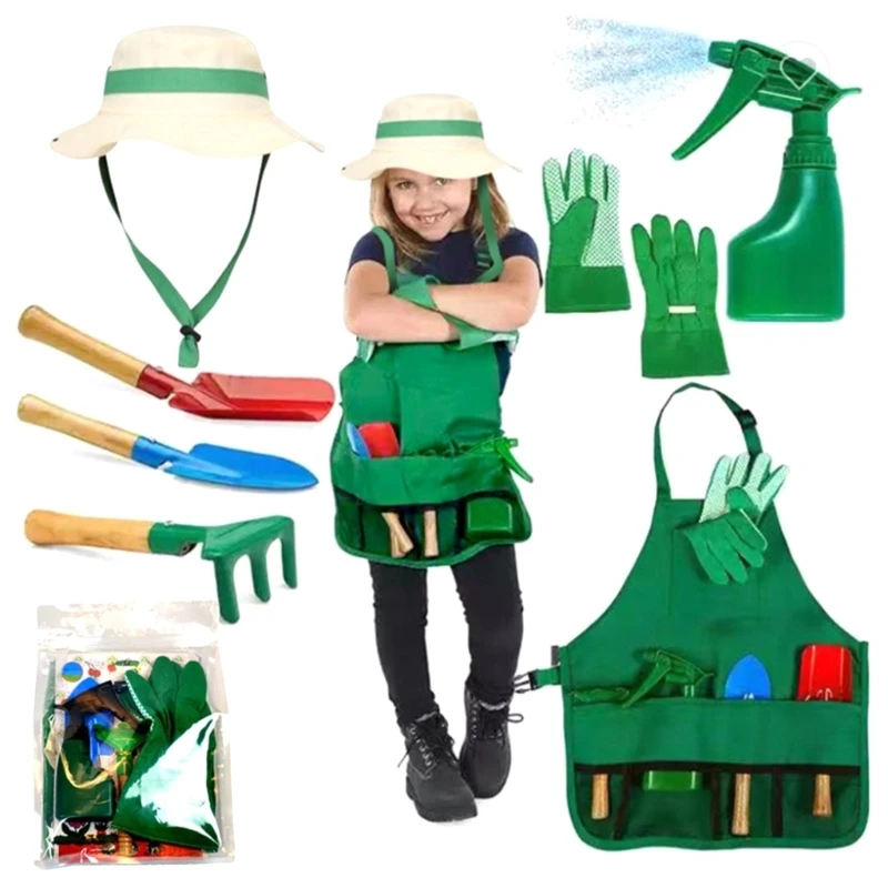 Kids Garden Tool Set 7PCS Garden Apron Shovel Rakes Child Pretend Play Toy Realistic Gardening Tool Girl Party Activity