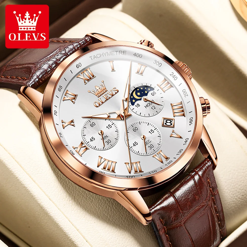 OLEVS Luxury Brand Men's Watches Moon Phase Calendar Waterproof Quartz Watch Original Chronograph Male Wristwatch Luminous