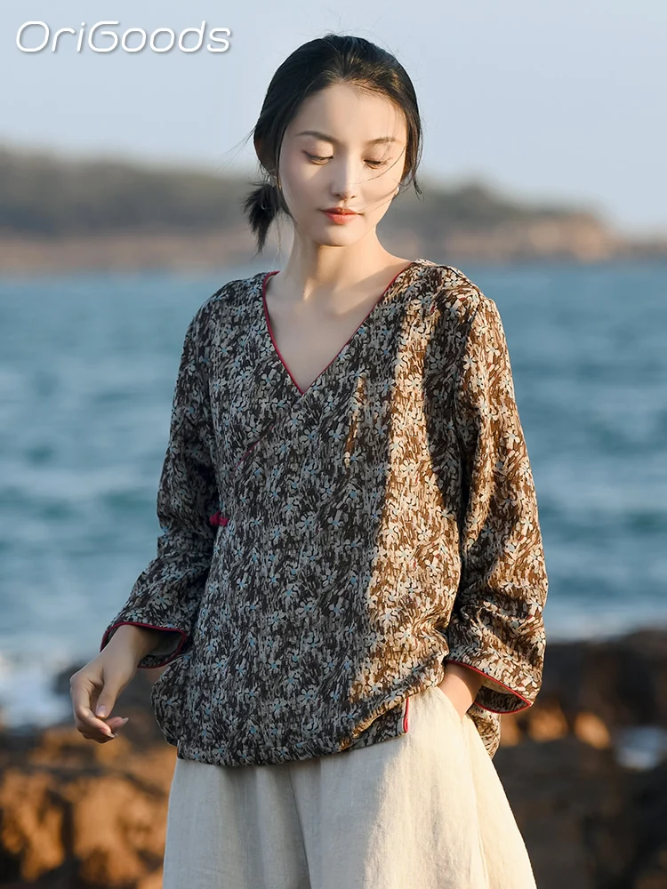 

OriGoods 2023 Summer New Women's Shirt 100% Cotton Long Sleeve Shirts for Women Chinese Japan Vintage Kimono Blouse Tops Q058