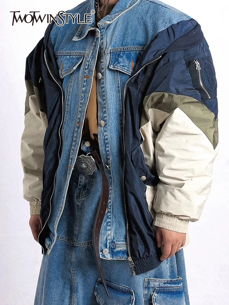 

TWOTWINSTYLE Spliced Denim Jackets For Women Lapel Long Sleeve Hit Color Patchwork Button Casual Jacket Female Fashion Clothing