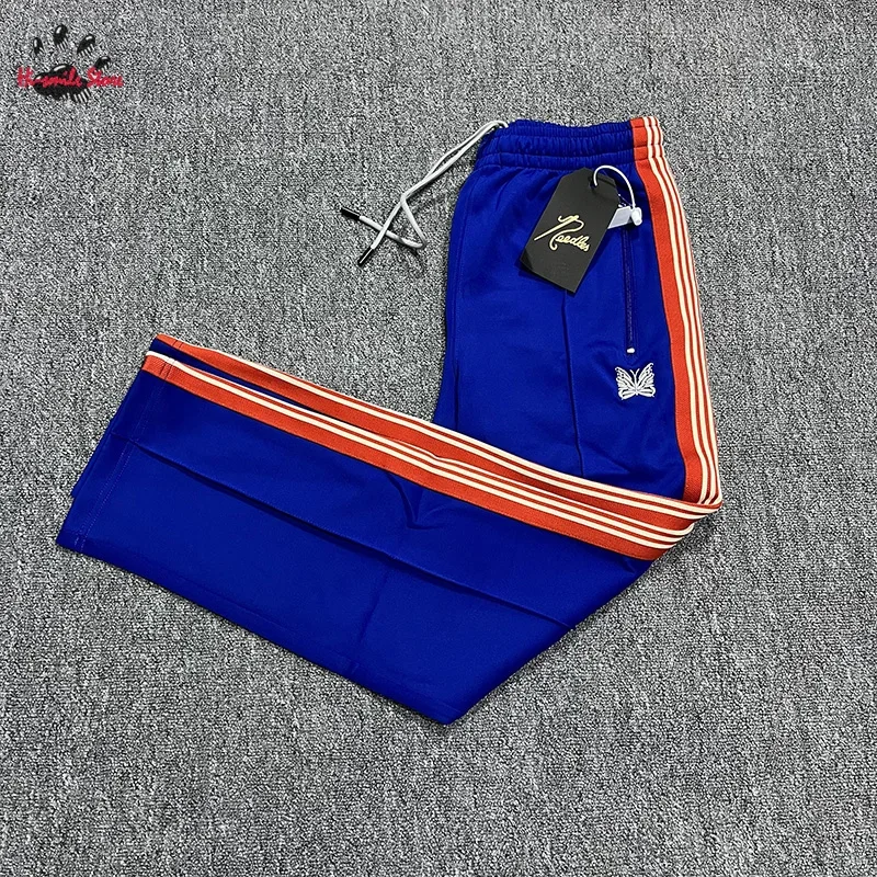 

Straight Sweatpants AWGE NEEDLES Pants Men Woman 1:1 Best Quality Classic Butterfly Embroidery Side Webbing Striped Joggers