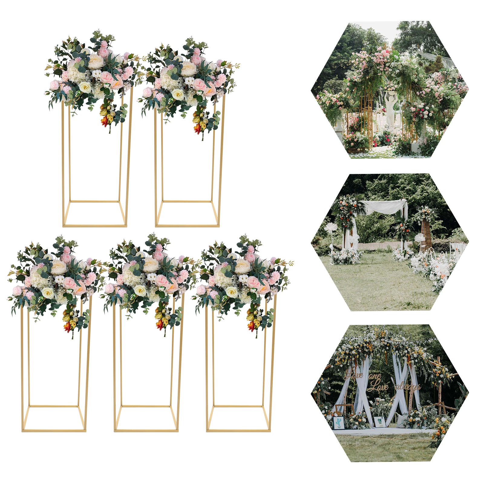 Soporte de suelo dorado de 5 piezas, columna de Metal, soporte de flores, estante decorativo para boda, lugar de 60 cm