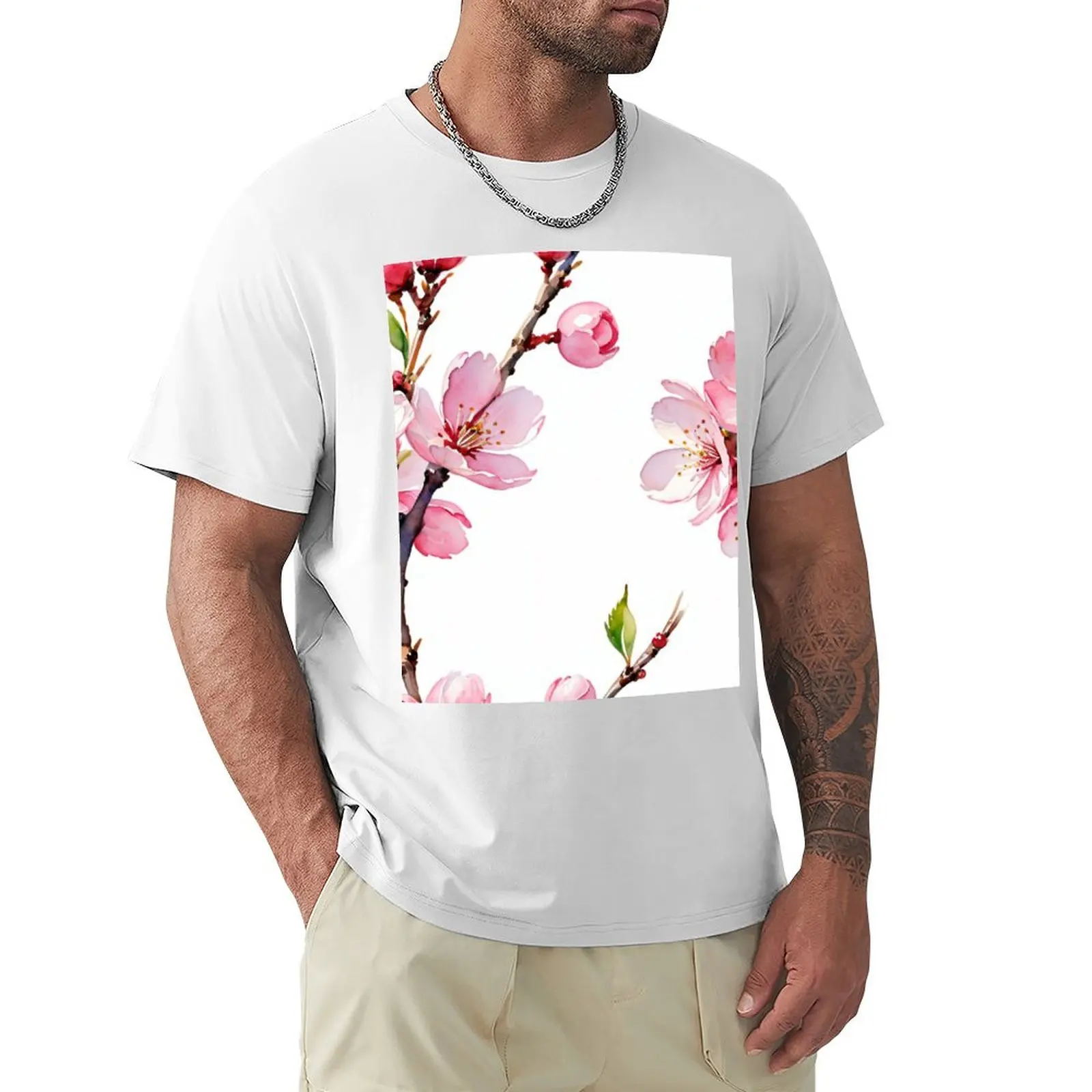 Pink cherry blossom seamless patterns T-Shirt Aesthetic clothing anime clothes funnys boys animal print Men's t-shirt