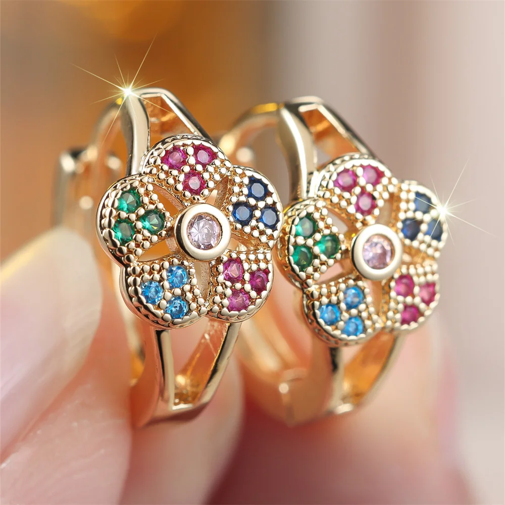 Female Cute Flower Rainbow Zircon Round Hoop Earrings For Women Vintage Gold Silver Color Ear Buckle Wedding Party Jewelry Gift